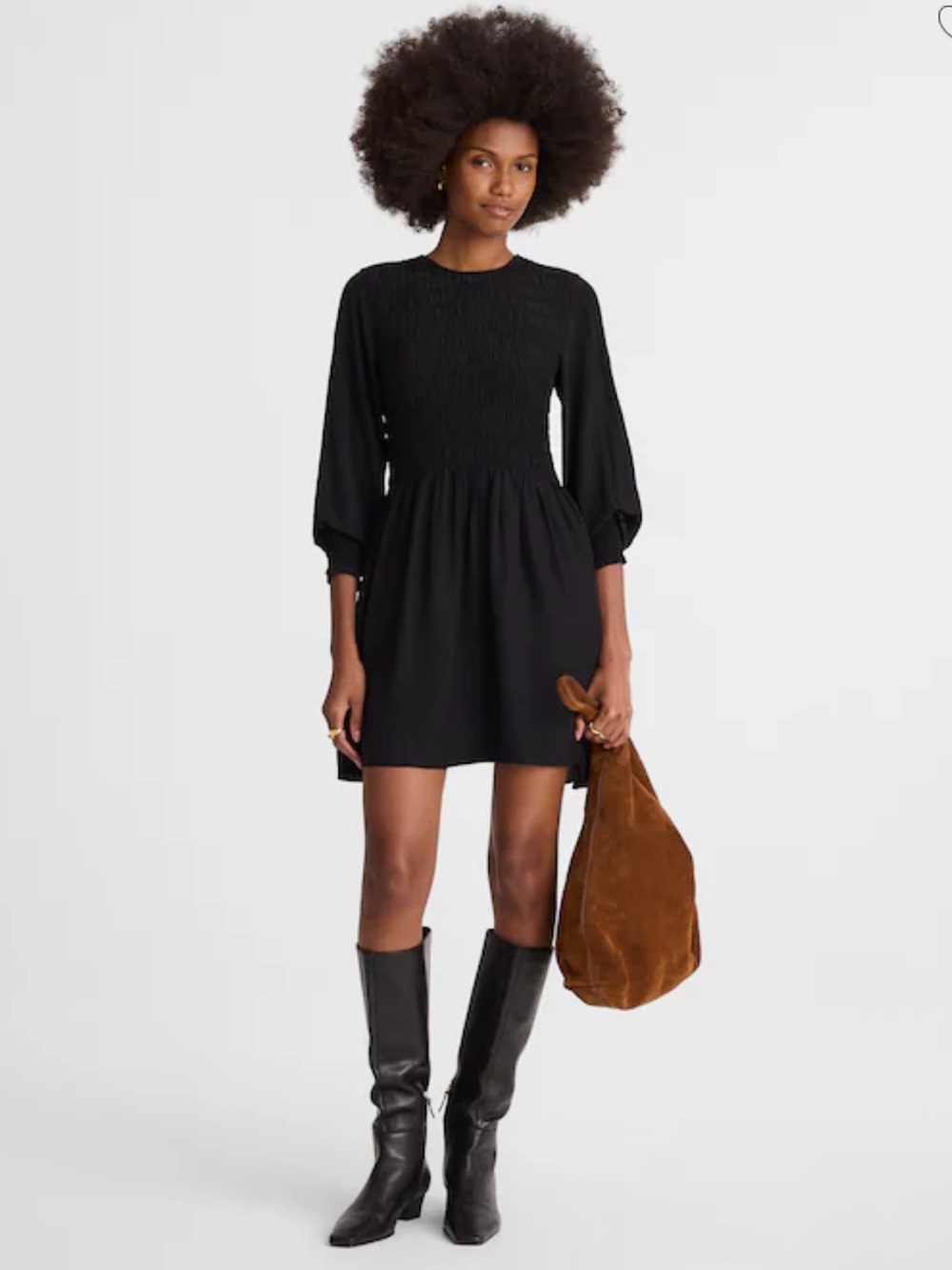Madewell Black Smocked-Waist Long-Sleeve Mini Dress